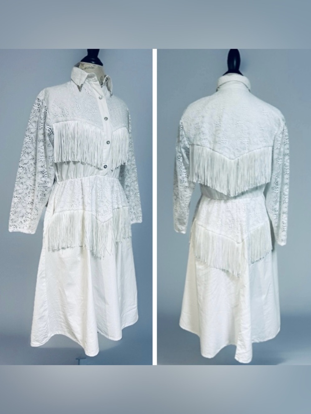 80s Vintage White Western Cowgirl Rodeo Dress Fringe Lace Festival W Pockets S/M